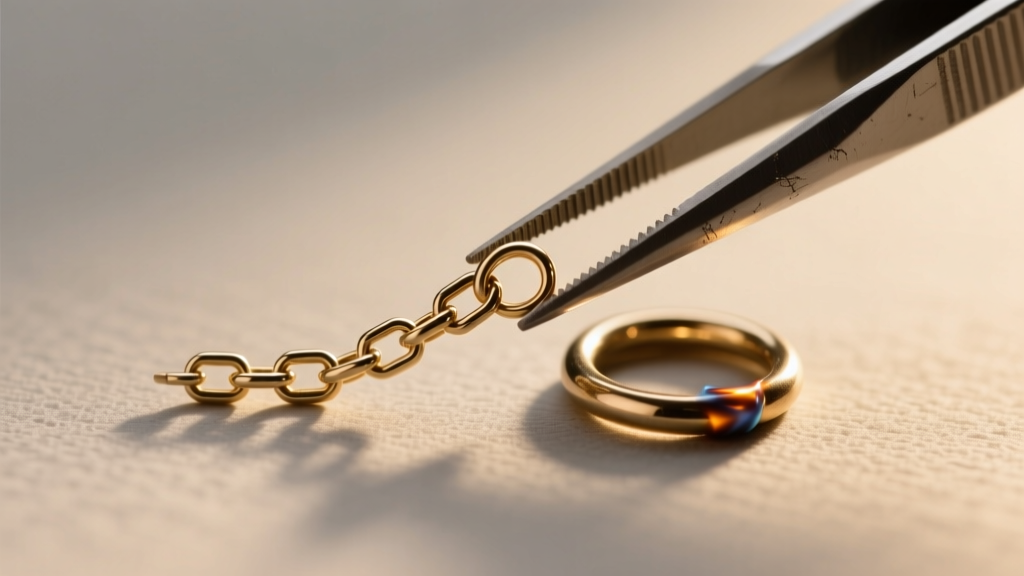 Macro shot on a bench showing tweezers holding a 1mm box chain link next to a newly soldered closed jump ring under warm light.