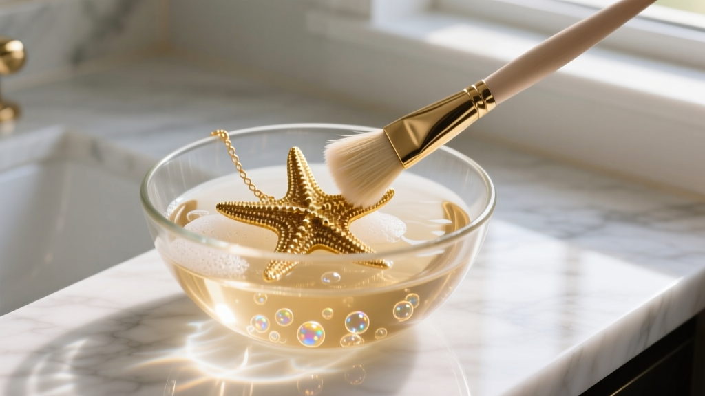 Soft-bristled brush gently cleaning a gold starfish necklace submerged in warm soapy water in a glass bowl on a marble counter.