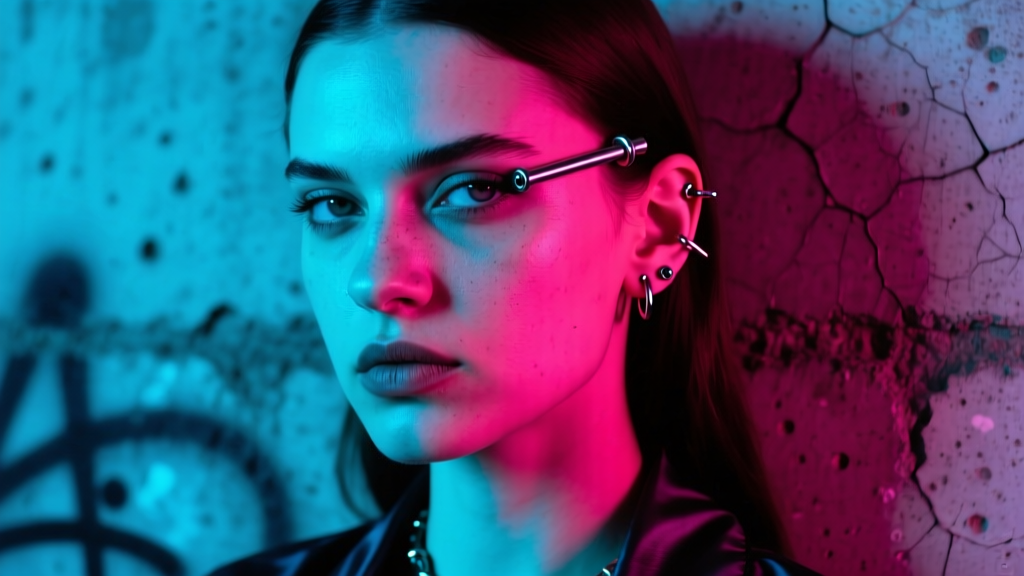 Moody cinematic portrait of a young woman with multiple ear piercings and an industrial bar, neon lighting, grunge aesthetic
