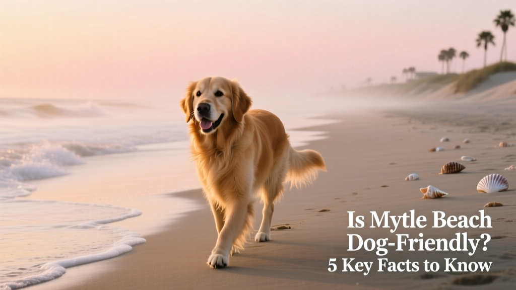 A relaxed golden retriever walking along a quiet stretch of Myrtle Beach shoreline at sunrise
