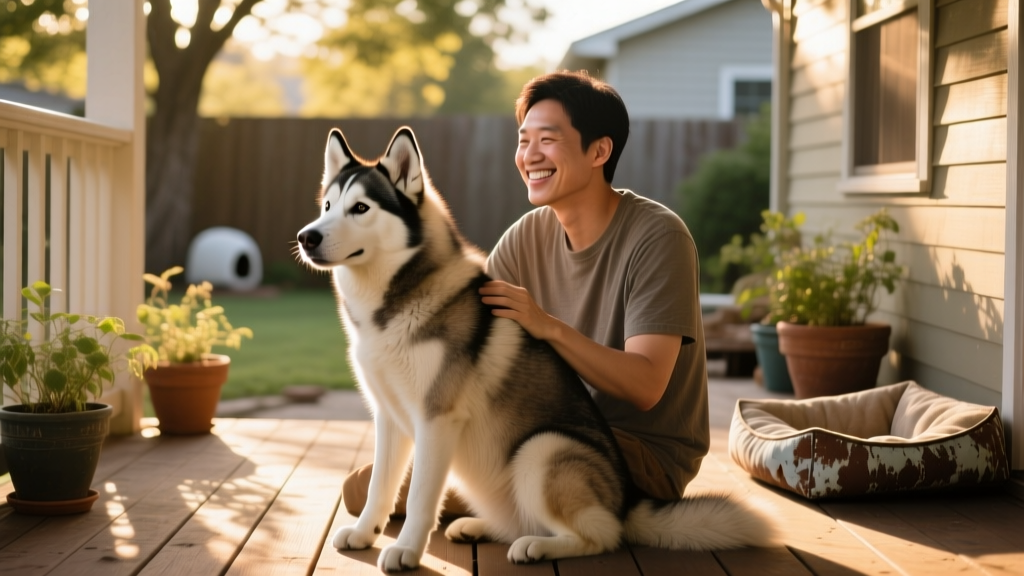 A friendly Siberian Husky sitting calmly beside a smiling adult, suggesting trust and connection