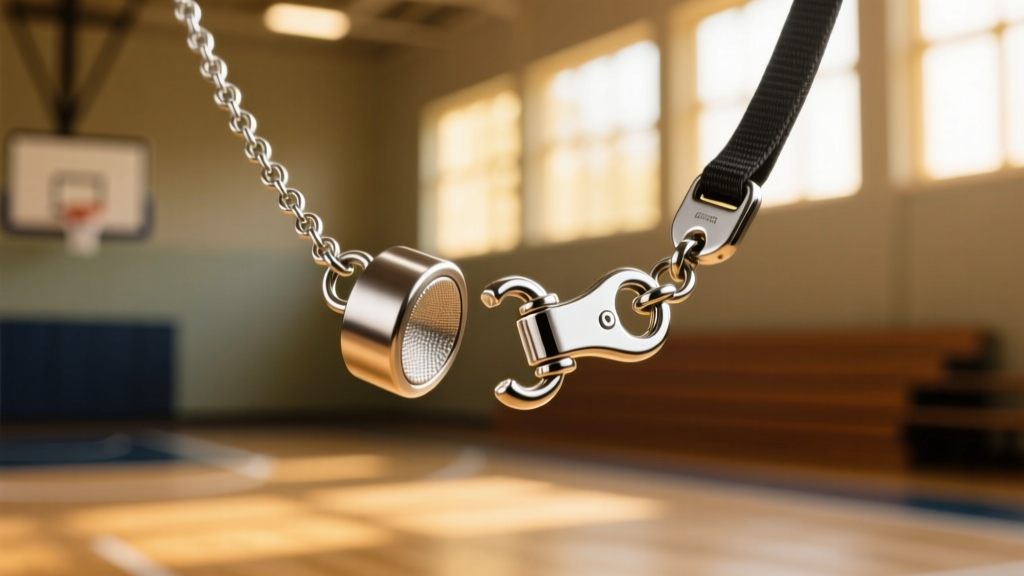 Macro shot of a magnetic breakaway clasp on a boys sports necklace, highlighting the safety release mechanism