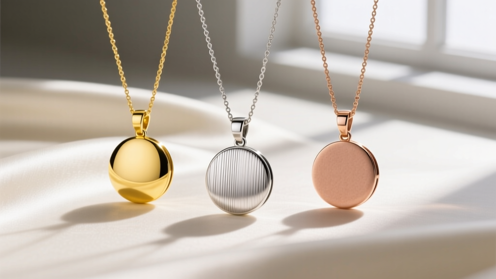Macro shot of three pendant necklace metal textures: high-polish yellow gold, brushed platinum, and matte rose gold vermeil finish.