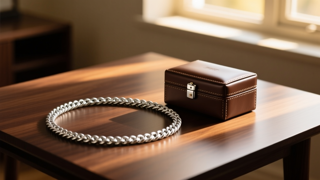 Flat lay of a 950 platinum rope chain next to a leather watch box, illuminated by warm window light on a dark oak desk