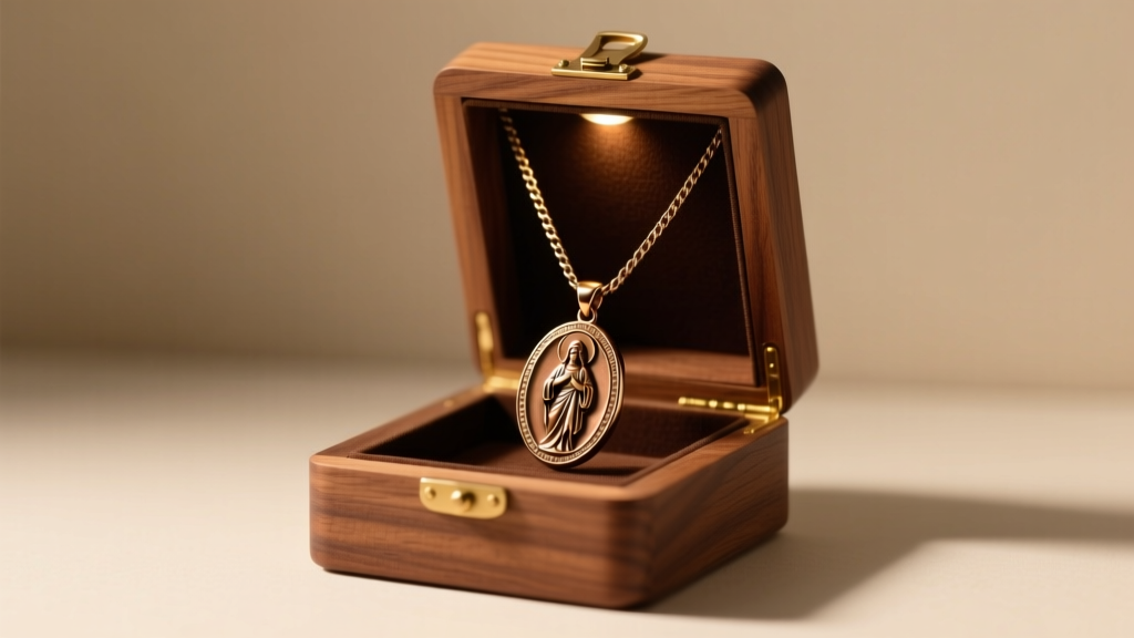 Premium wooden gift box open to reveal a bronze St Jude pendant on a 24-inch Figaro chain, illuminated by warm overhead spotlight