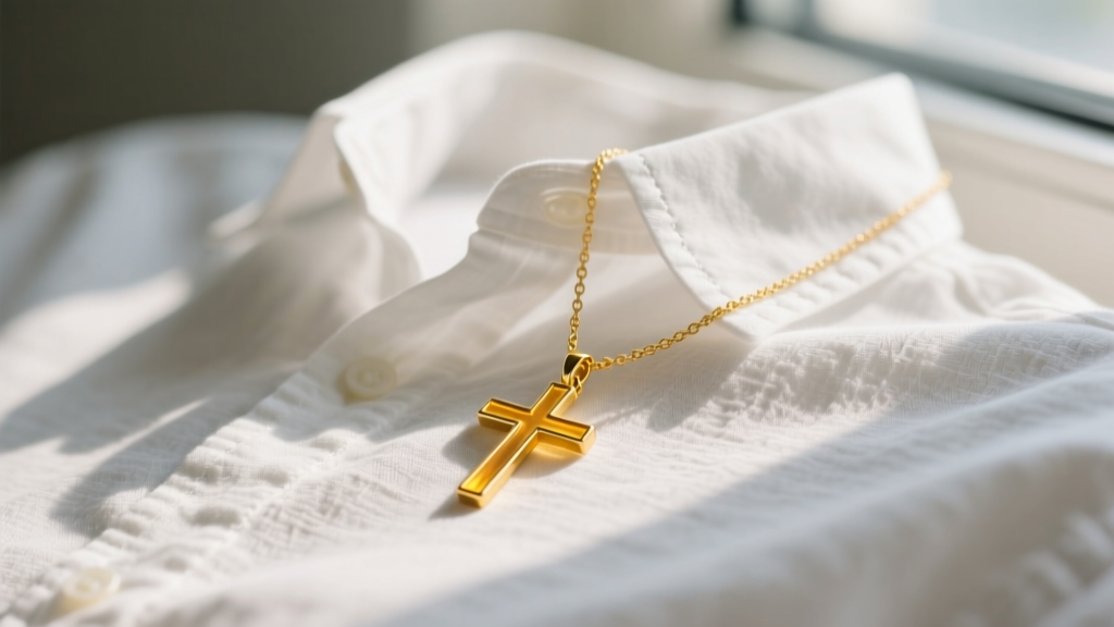 Close-up of a delicate 14k yellow gold cross necklace resting on a crisp white linen button-down shirt in soft morning light.