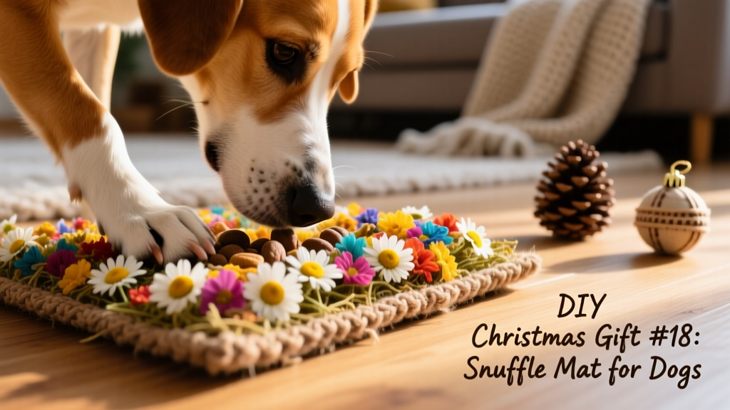 Close-up of paws interacting with a colorful snuffle mat filled with treats and dried chamomile flowers