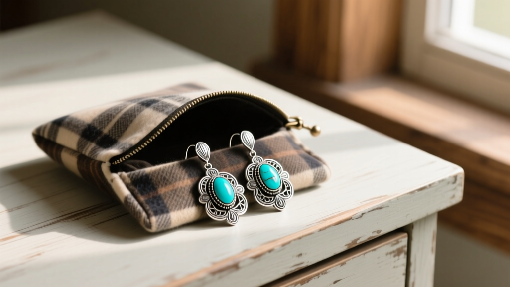 Treated flannel anti-tarnish pouch holding detailed sterling silver and turquoise squash blossom drop earrings on a wooden dresser