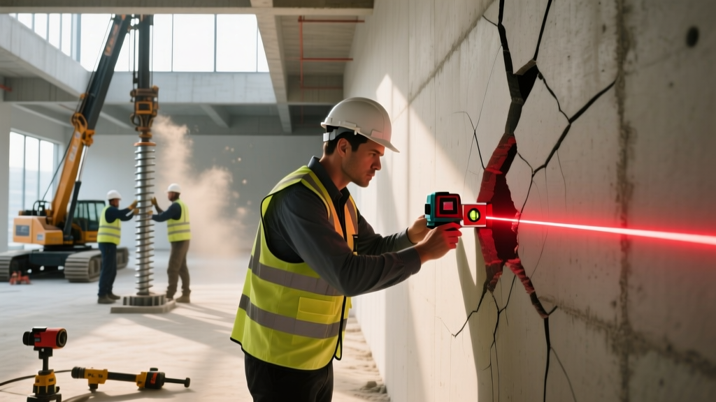Structural engineer examining a cracked concrete foundation wall with a laser level while steel helical piers are installed in the background