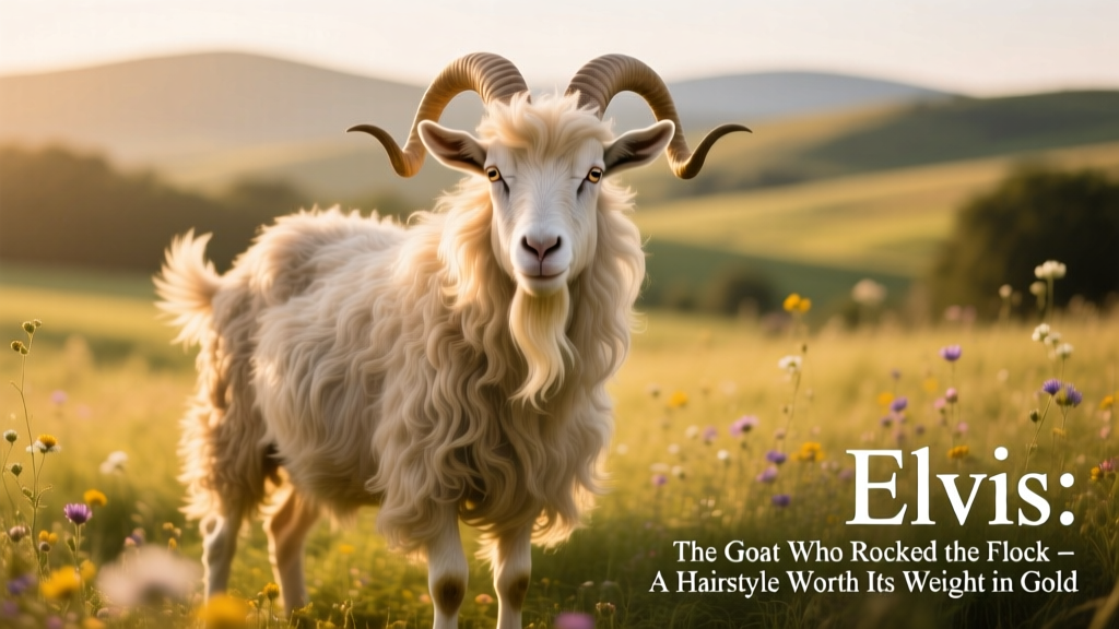Elvis the goat standing proudly with his signature fluffy front hairdo, looking directly at the camera
