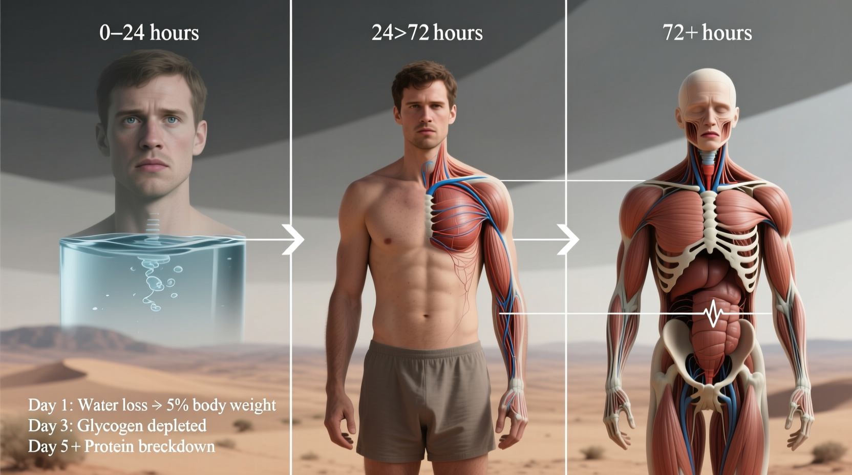Human survival timeline showing dehydration and starvation progression