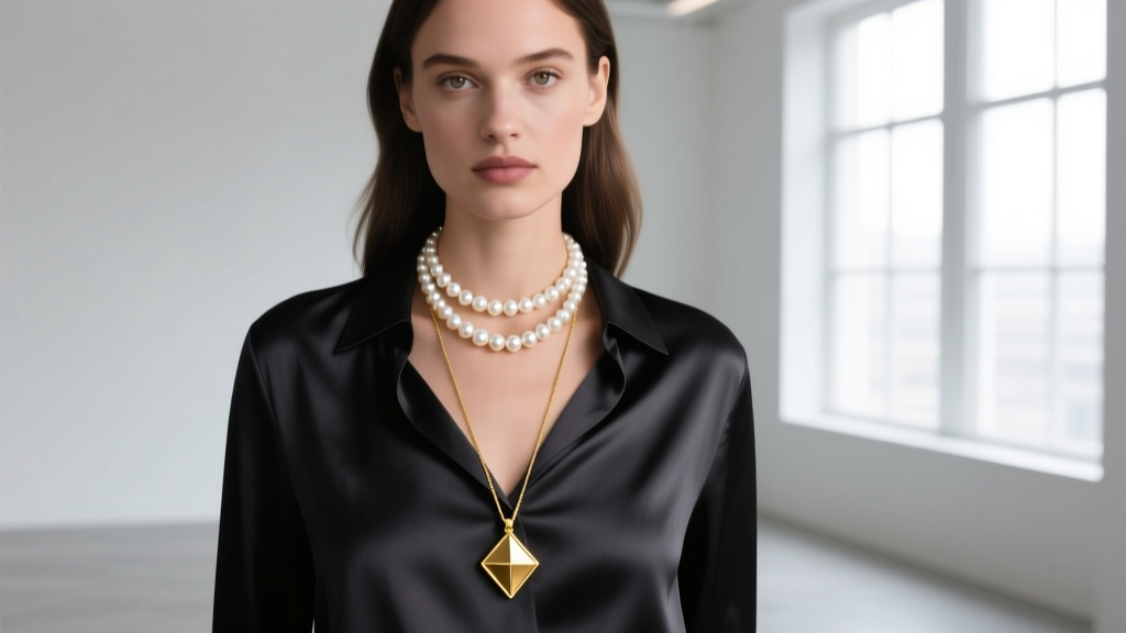 Editorial shot of a woman layering a 14-inch Akoya pearl choker with a long gold pendant necklace over a dark silk blouse.