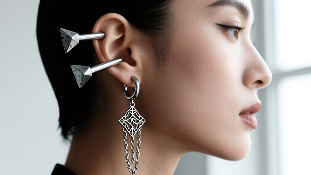 Side profile of a curated ear stack featuring industrial barbells, silver hoop huggies, and a long gothic chain dangle earring