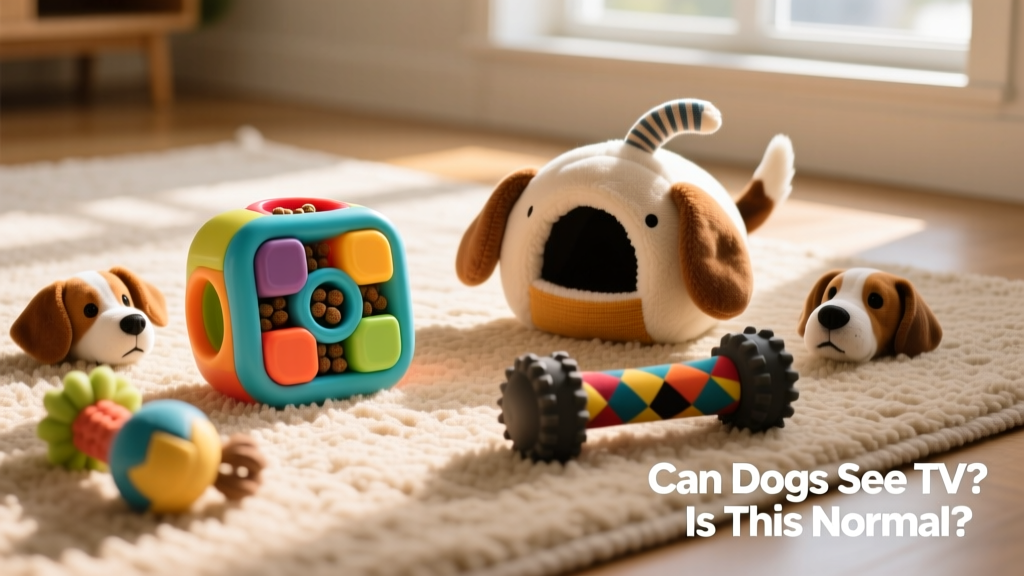 A variety of dog toys arranged neatly on a rug—a treat-dispensing puzzle, a plush hide-and-seek set, and a durable rubber chew toy