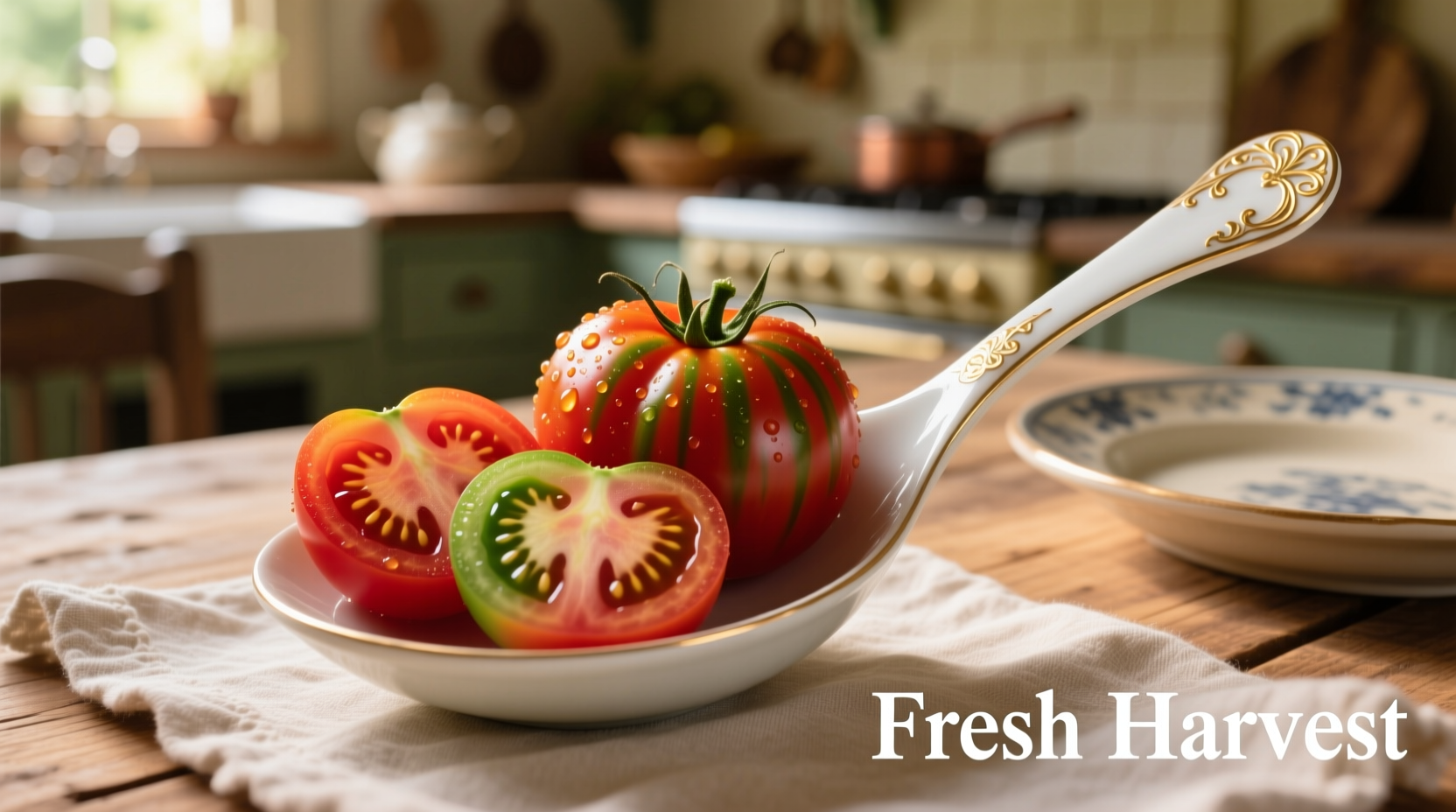 Tomato serving spoon holding sliced heirloom tomatoes
