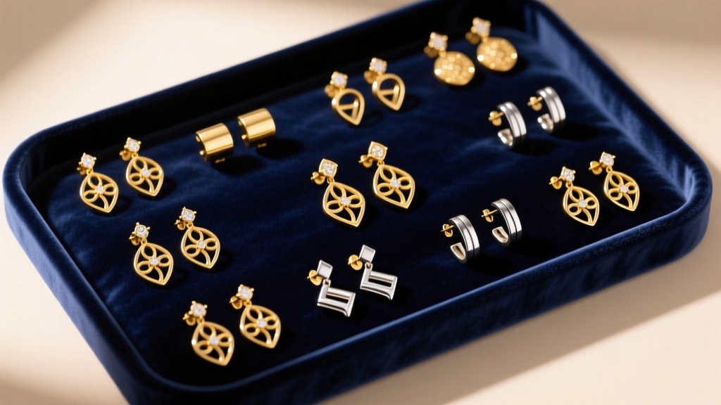 Overhead view of a velvet jewelry tray with neatly arranged 14k gold and titanium post earrings under soft warm studio lighting