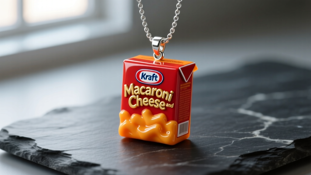 Macro shot of a miniature Kraft Macaroni and Cheese box pendant crafted from glossy epoxy resin, resting on a dark slate surface.