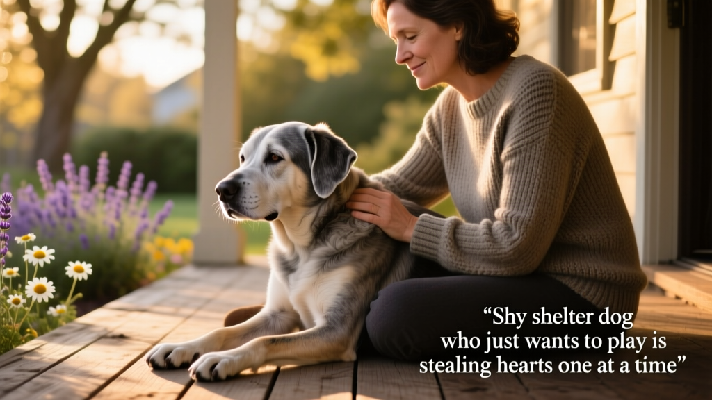 Senior dog Carter sitting calmly beside his owner, resting his head on their knee with a soft, content expression