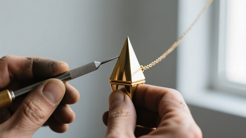 Macro shot of a jeweler using a diamond file to smooth the sharp tip of a brass pyramid spike on a punk collar necklace