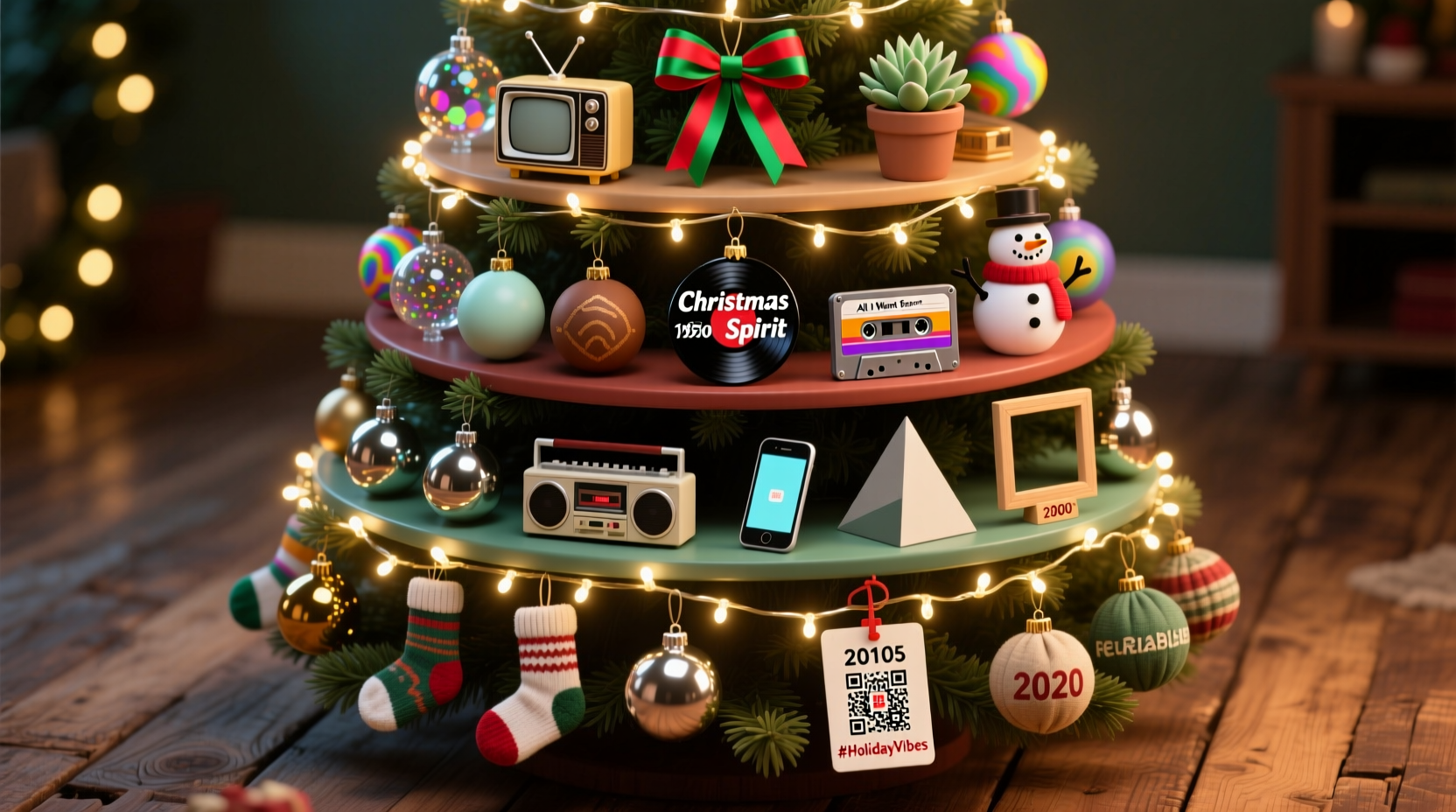 how to make a layered christmas tree with themed sections by decade