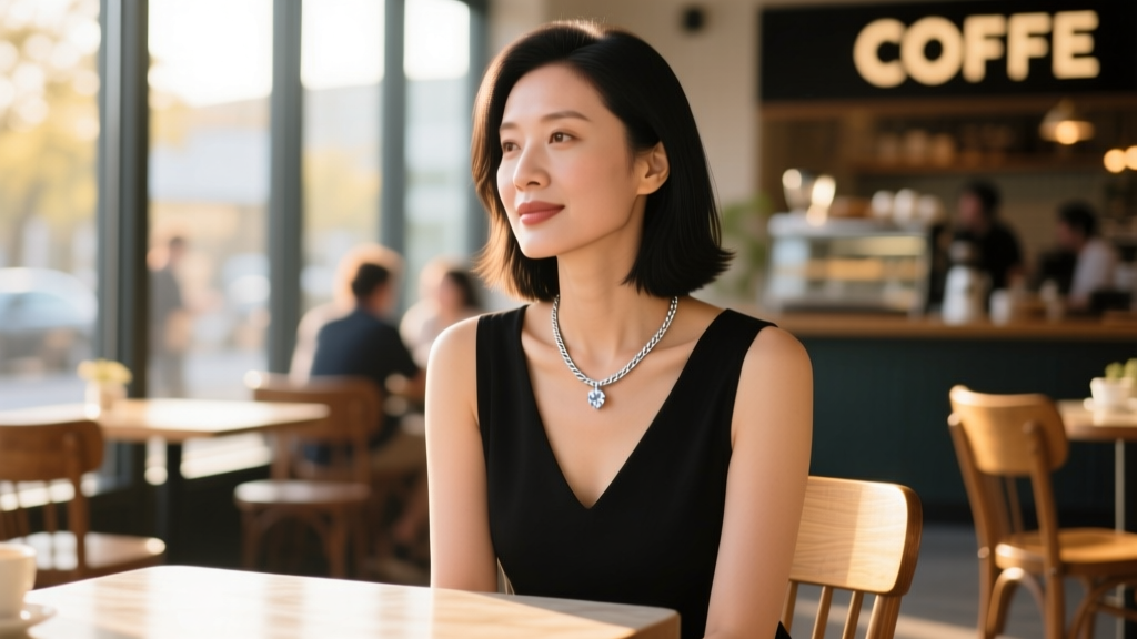 Woman wearing a 2mm sterling silver rope chain necklace with a diamond pendant in a sunlit cafe, shallow depth of field.