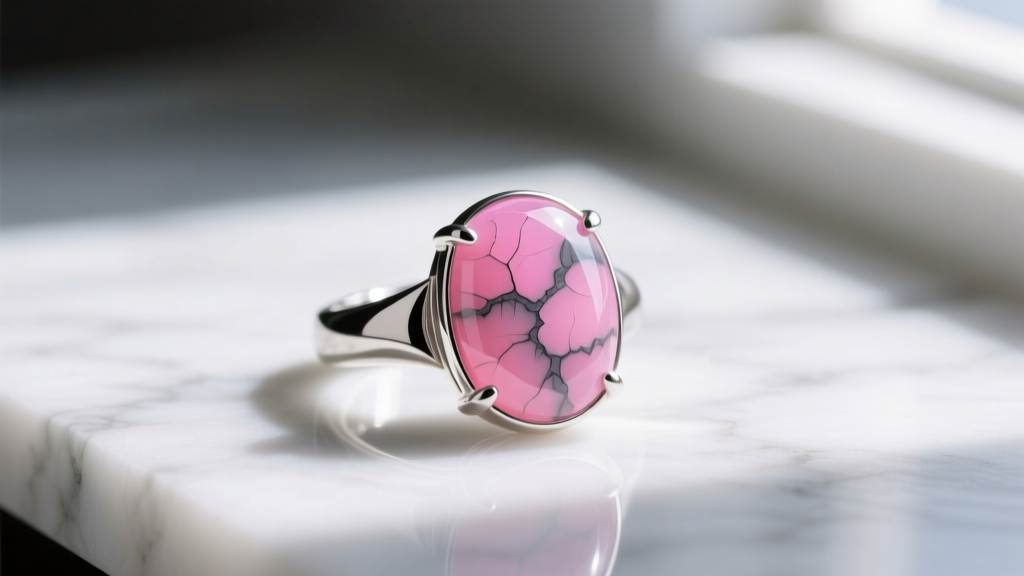 Sterling silver ring featuring a polished bright pink dyed howlite cabochon with dark grey matrix veining resting on white marble.