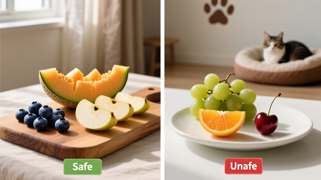 Side-by-side comparison: safe fruits (blueberries, cantaloupe, apple slices) vs. unsafe fruits (grapes, orange wedge, cherry) with clear visual separation