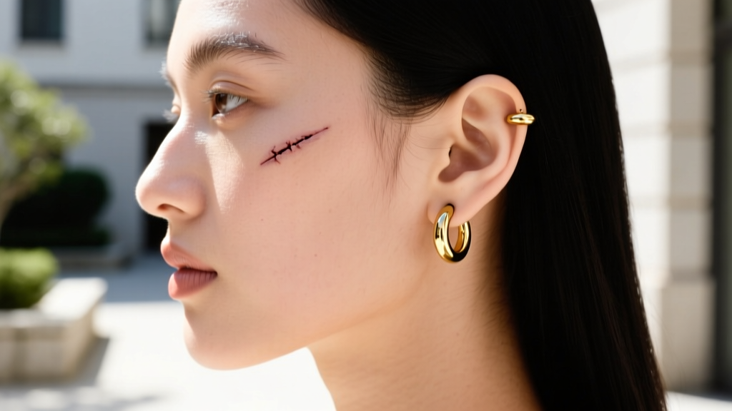 Side profile of a woman with a healed cartilage piercing wearing a 16-gauge solid gold clicker hoop in bright natural sunlight.