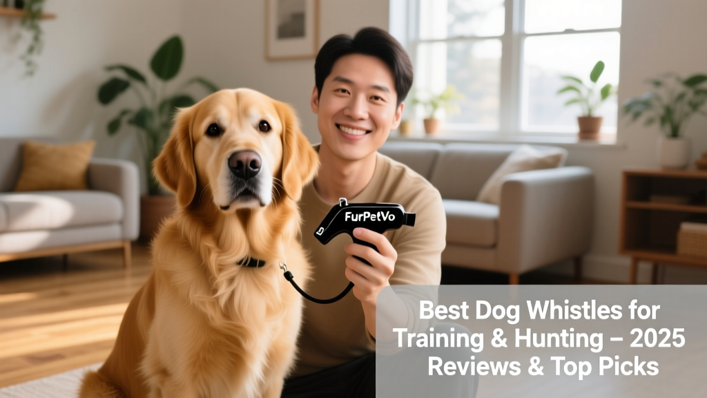 A Golden Retriever sitting calmly beside its owner, both looking toward the camera while the owner holds a sleek black FurPetVo UltraSoft whistle