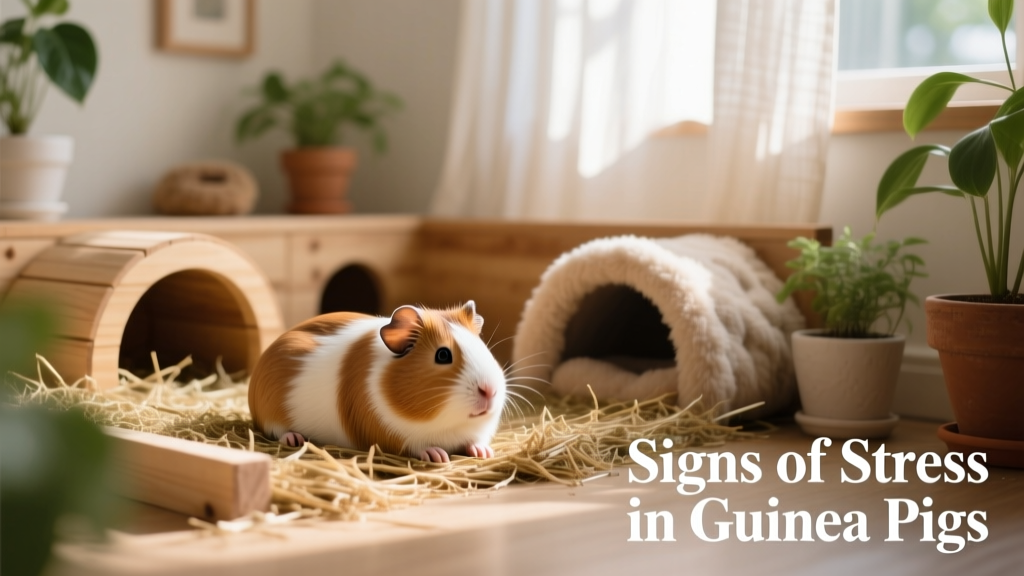 A calm guinea pig resting peacefully in a cozy, well-furnished habitat