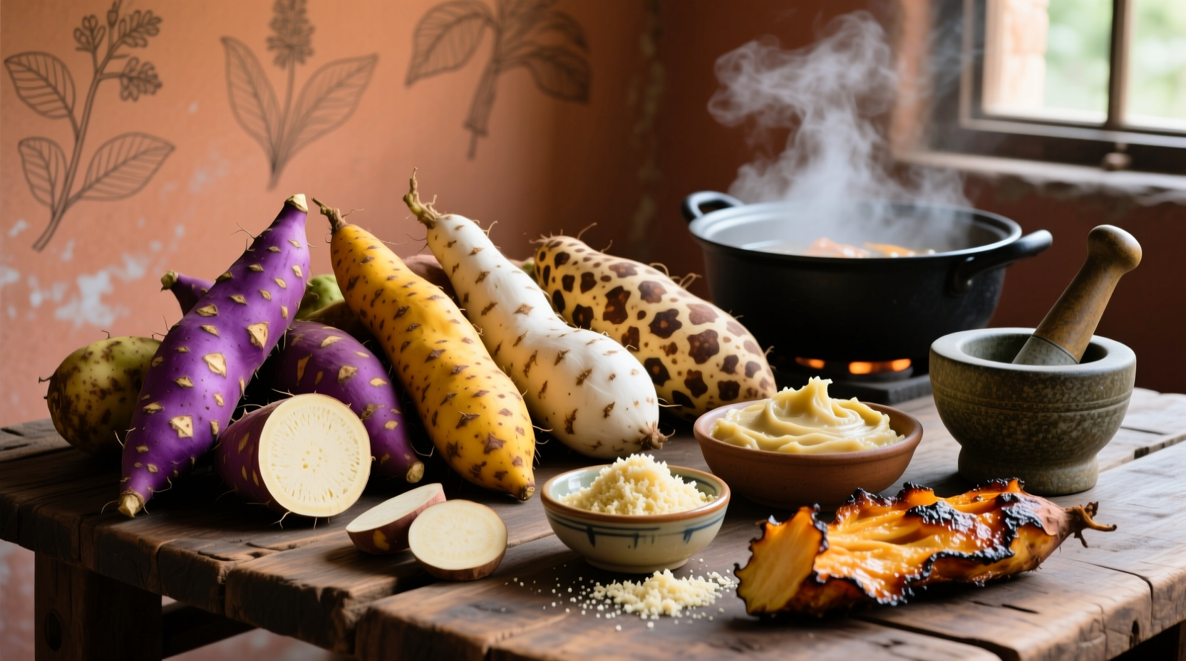 Colorful assortment of yam varieties and preparation methods