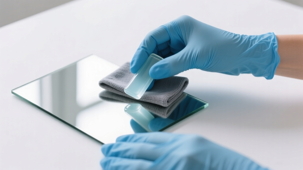 Hands in blue nitrile gloves applying glass polishing compound to a small rectangular mirror using a folded gray microfiber cloth