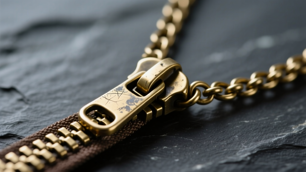Macro shot of a brass zipper necklace with a stiff slider stuck halfway down interlocking metal teeth, resting on dark slate