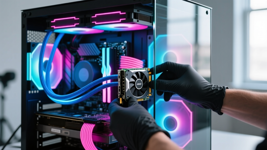 Close-up of a technician installing a high-end GPU into a tempered glass PC case with vibrant RGB lighting and braided cables