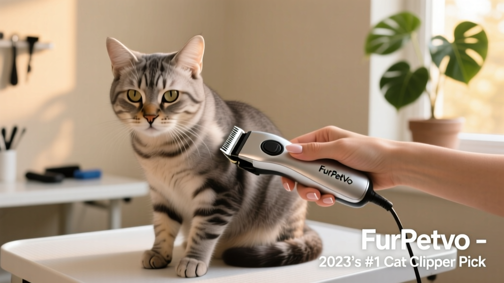 Close-up of a calm cat sitting on a grooming table while a gentle hand trims its shoulder area with FurPetVo clippers