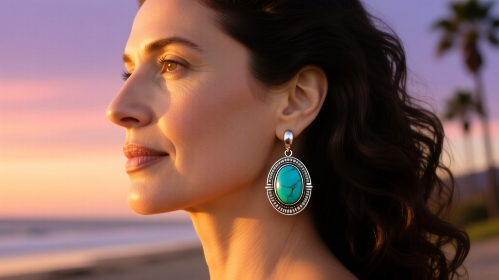 Profile of a woman wearing a 20-gauge Taxco silver dangle earring with a polished turquoise cabochon catching the warm sunset glow.