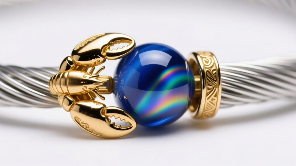 Macro shot of 14k gold-filled lobster clasp on 49-strand steel wire, contrasting with a brightly dyed resin bead in sharp focus.