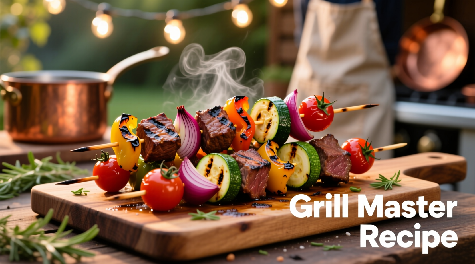 Colorful vegetable and beef kabobs on grill