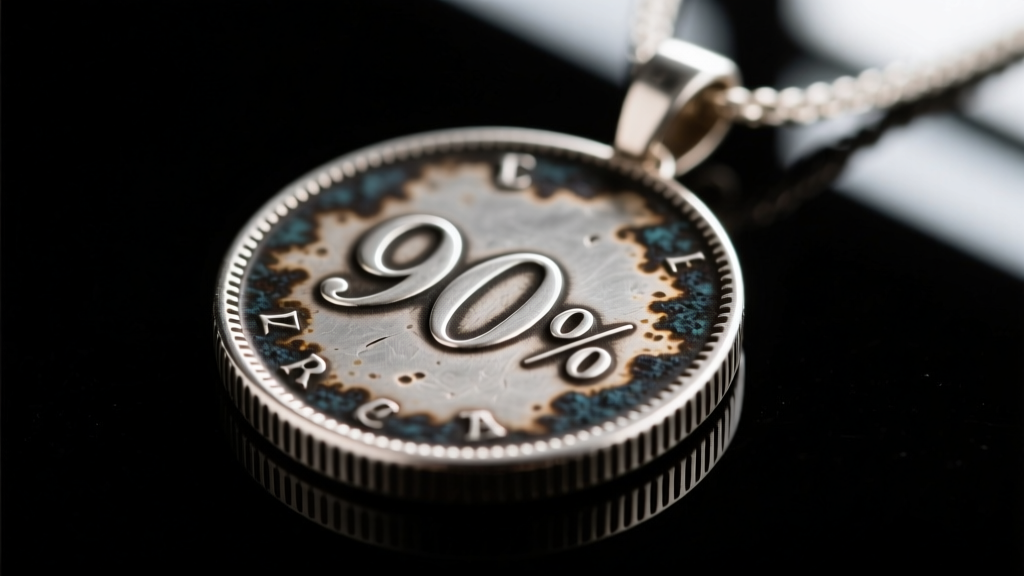 Macro photography showing the reeded edge and subtle dark patina in the crevices of a genuine 90 percent coin silver pendant.