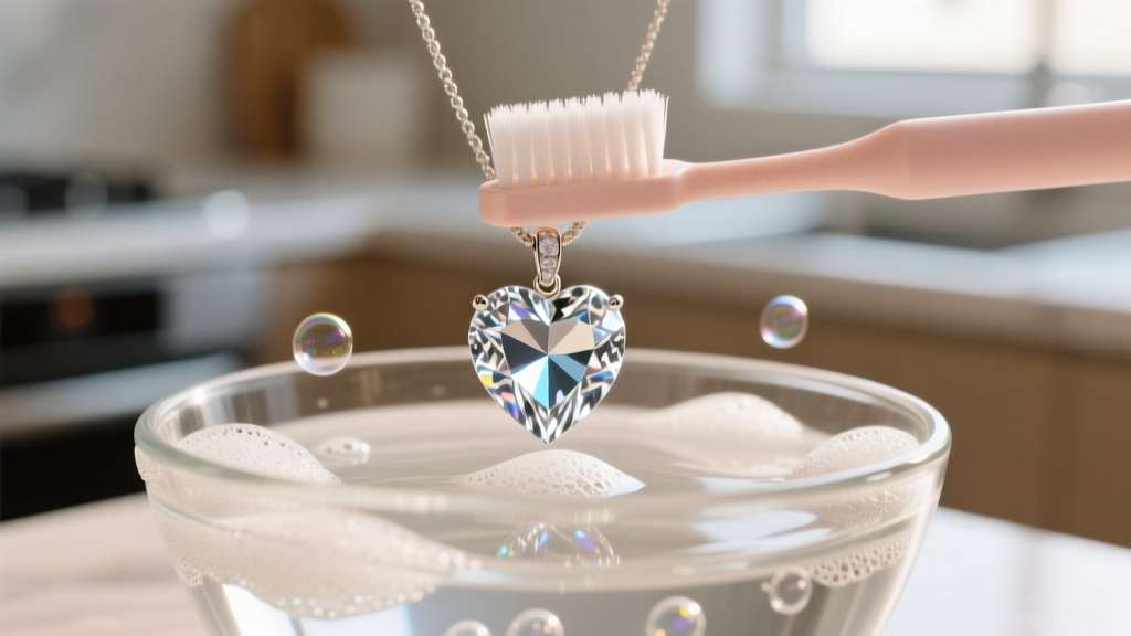Close-up of a soft baby toothbrush gently scrubbing a cubic zirconia Heart of the Ocean pendant submerged in a bowl of soapy water.