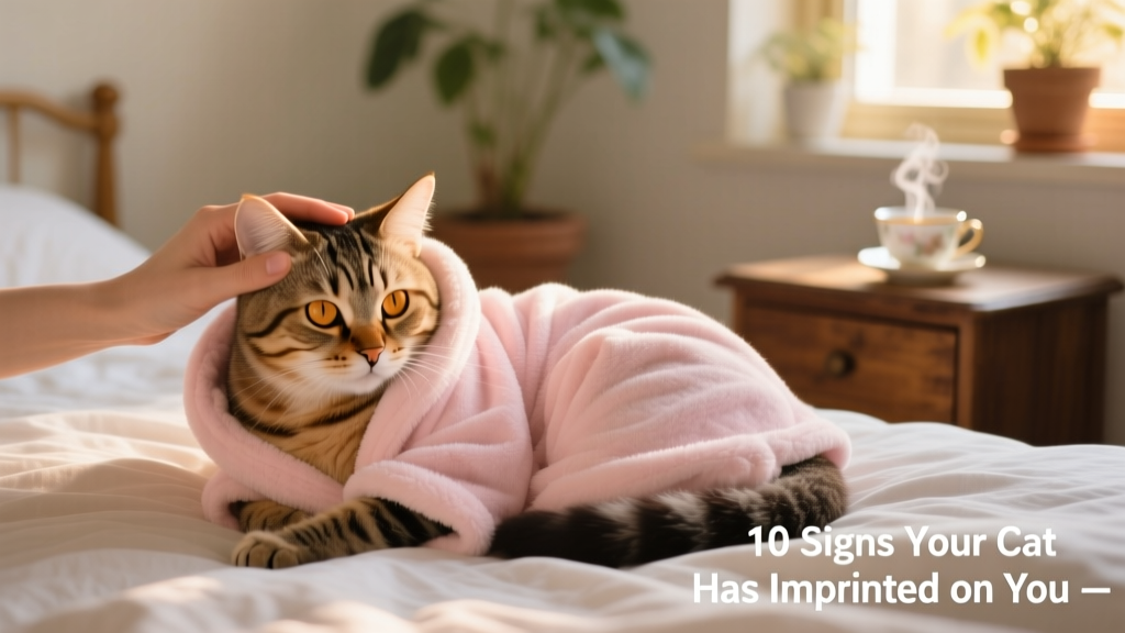 a cozy tabby cat nestled into a soft pink dressing gown while receiving gentle head rubs from a hand just out of frame