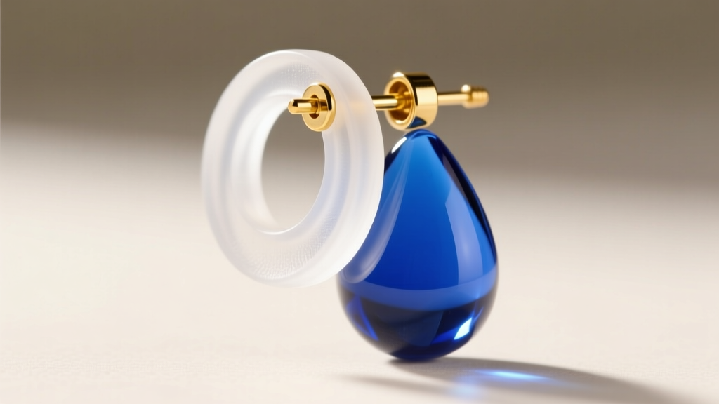 Close-up of a clear silicone earring support disc sliding onto an 18-gauge gold post behind a heavy blue glass teardrop earring
