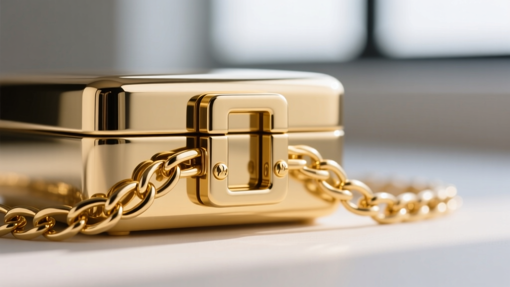 Macro shot of a custom box clasp with dual safety latches on an 18k gold Franco chain, showing precise prong work and polishing