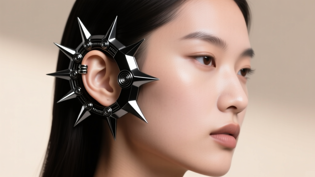 Avant-garde black titanium ear cuff with sharp mecha-inspired geometric spikes wrapping around a model