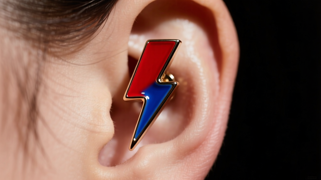Red and blue vitreous enamel lightning bolt stud earring on an earlobe, lit by soft directional light against a dark background