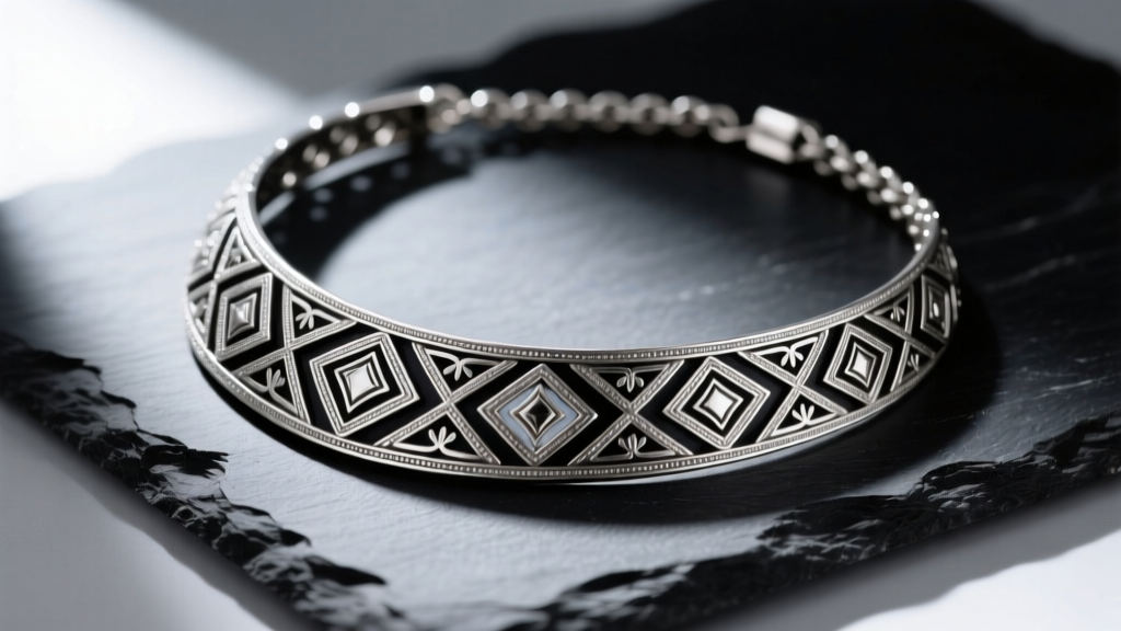 Close-up of an intricately patterned Siam sterling silver necklace with dark oxidized crevices resting on dark slate.