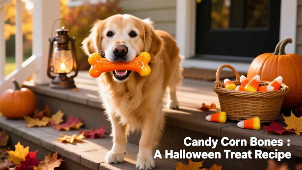 Happy dog holding a bright orange-and-yellow candy corn bone treat in its mouth, against a cozy autumn-themed background