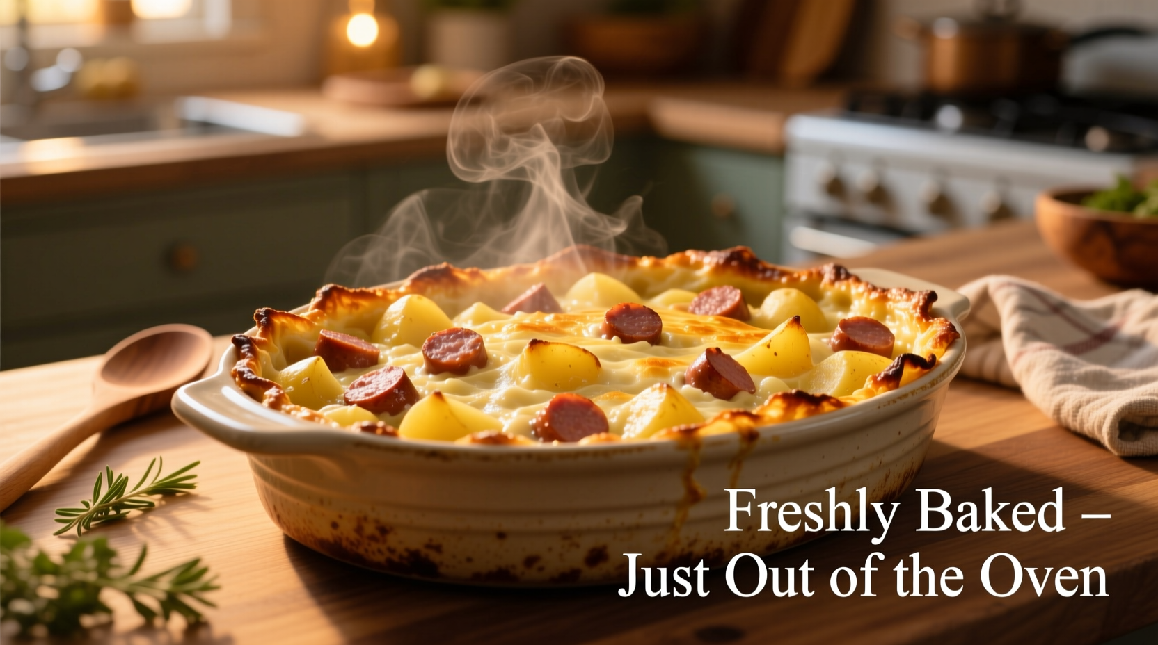 Golden potato and sausage casserole fresh from oven