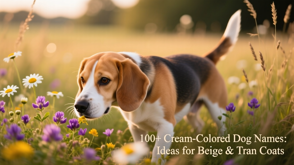 A tan-coated Beagle playfully sniffing a field of wildflowers