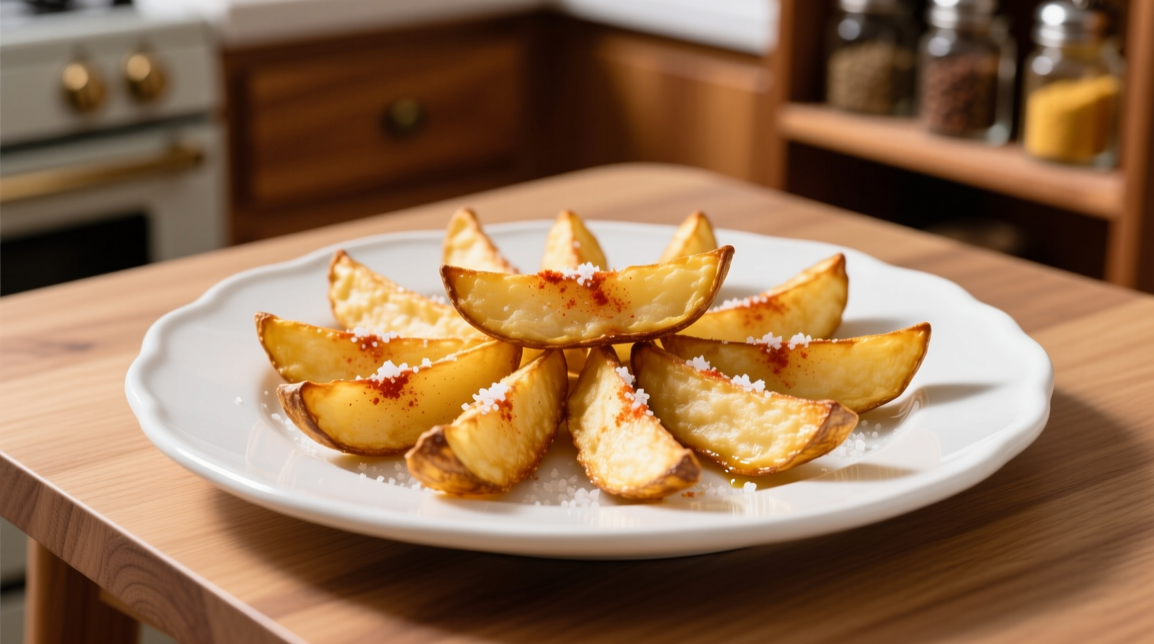 Golden brown Jack in the Box potato wedges on white plate